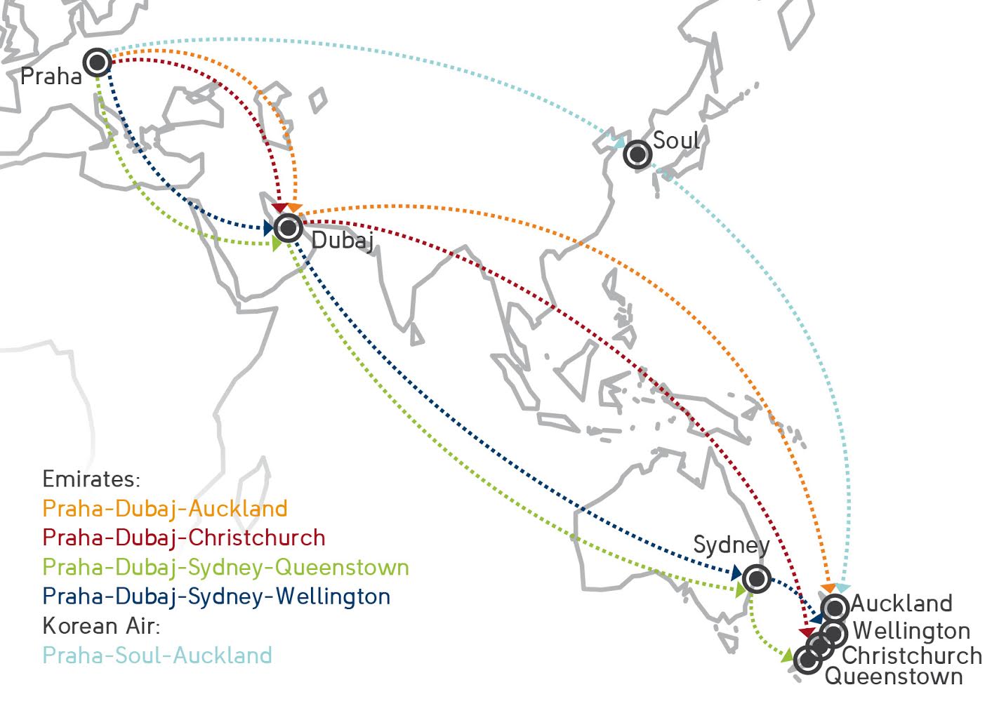 mapa letů na Nový Zéland